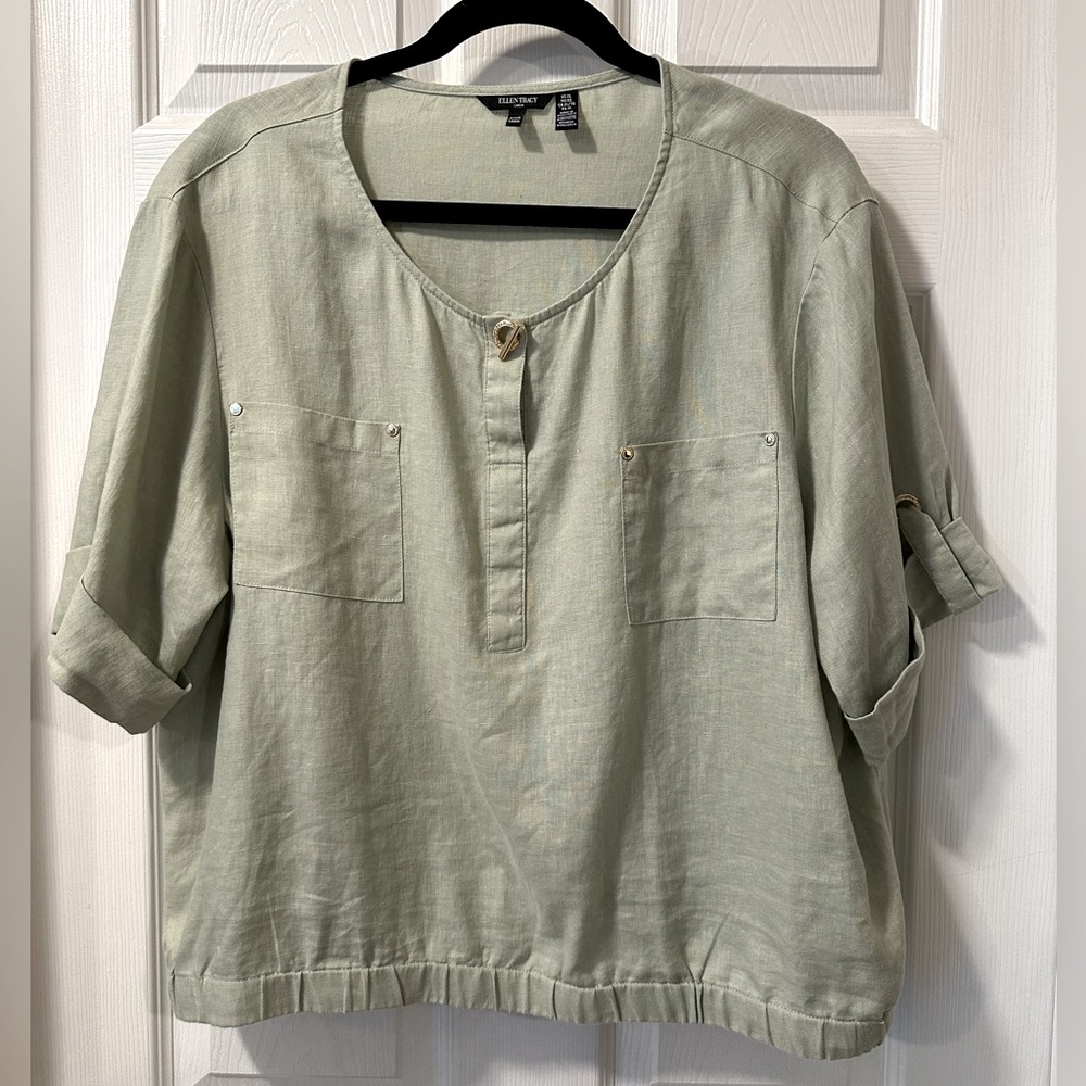 Ellen Tracy Light Sage Green Relaxed Linen Blend Pullover Top